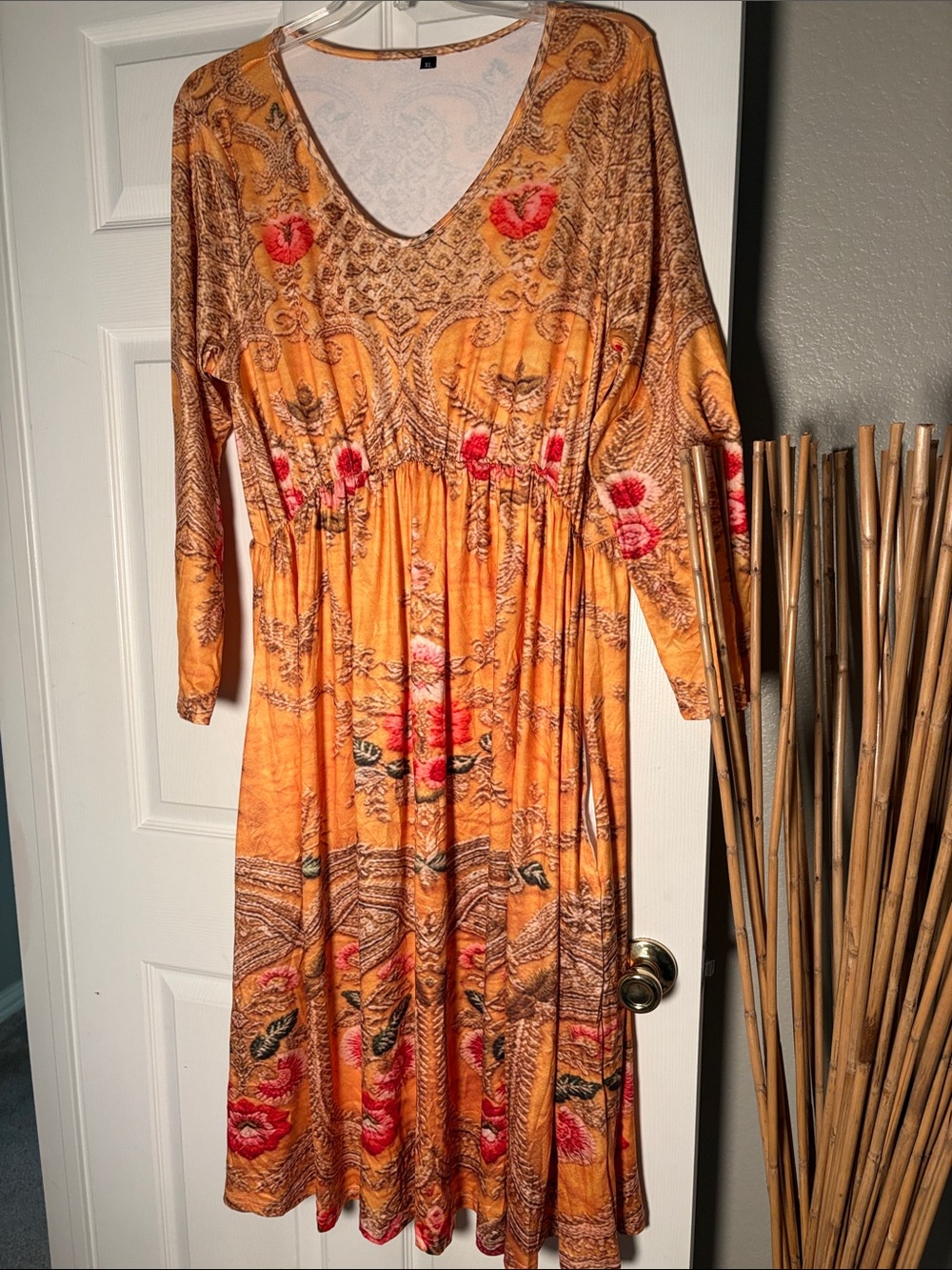 Long Sleeve Floral V-Neck Midi Dress in Orange